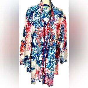 Italian Embellishment Antica Sartoria Vibrant Button Up Tunic Coral Shirt (3)